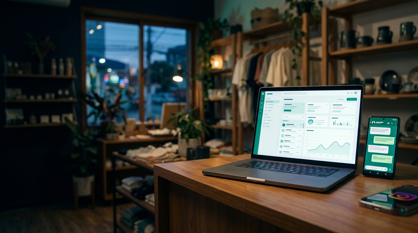 Balcão de loja ao entardecer com laptop mostrando o CRM WhatsCRM e celular com conversa de vendas